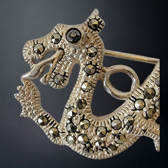 Year of the Dragon, Vintage Marcasite Dragon Brooch, Sterling Silver, 2.5 Inch - Picture 6 of 7